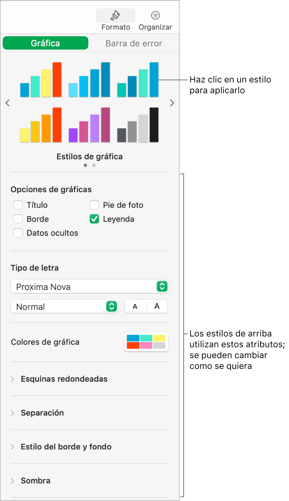 La barra lateral Formato que muestra los controles para dar formato a gráficas.