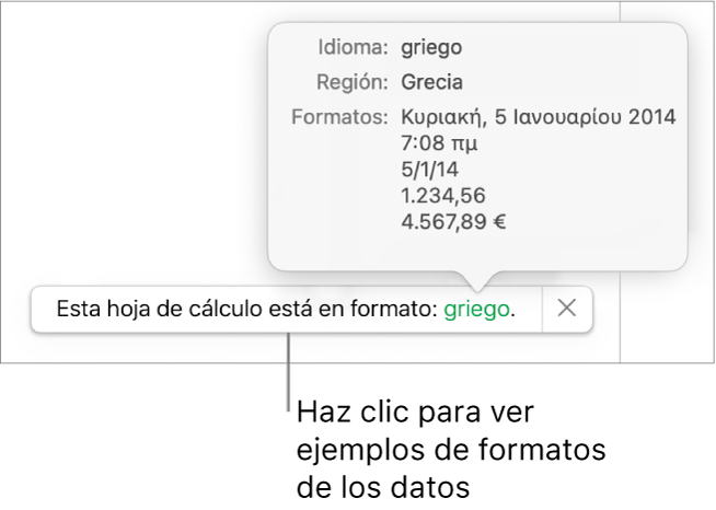 La notificación del ajuste de idioma y formato distinto, con ejemplos del formato en ese idioma y región.