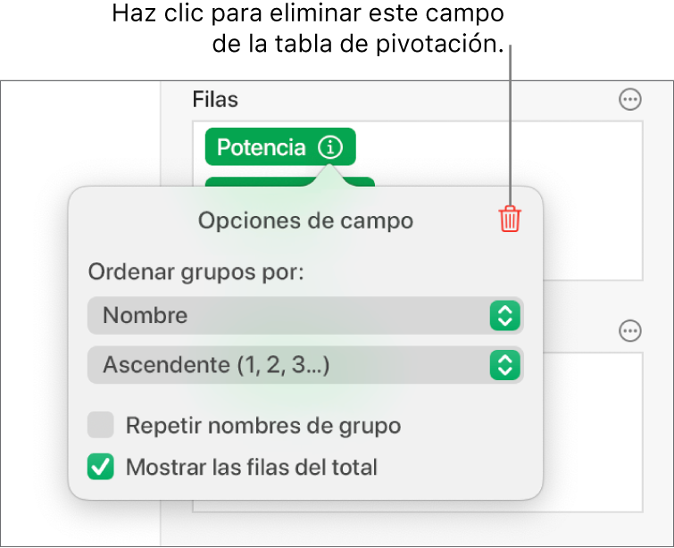 El menú Opciones de campo, que muestra los controles para agrupar y ordenar datos, así como la opción para eliminar un campo.