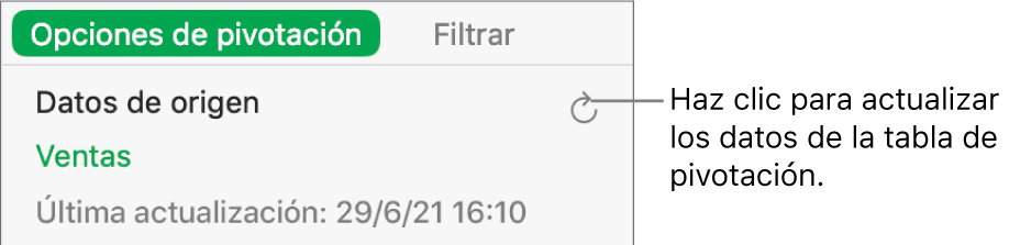 La pestaña Opciones de pivotación mostrando la opción de actualizar la tabla de pivotación.