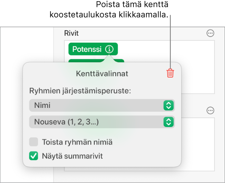 Kenttävalinnat-valikko, jossa näkyvät säätimet datan ryhmittelylle ja järjestämiselle sekä kentän poistamisen valinta.