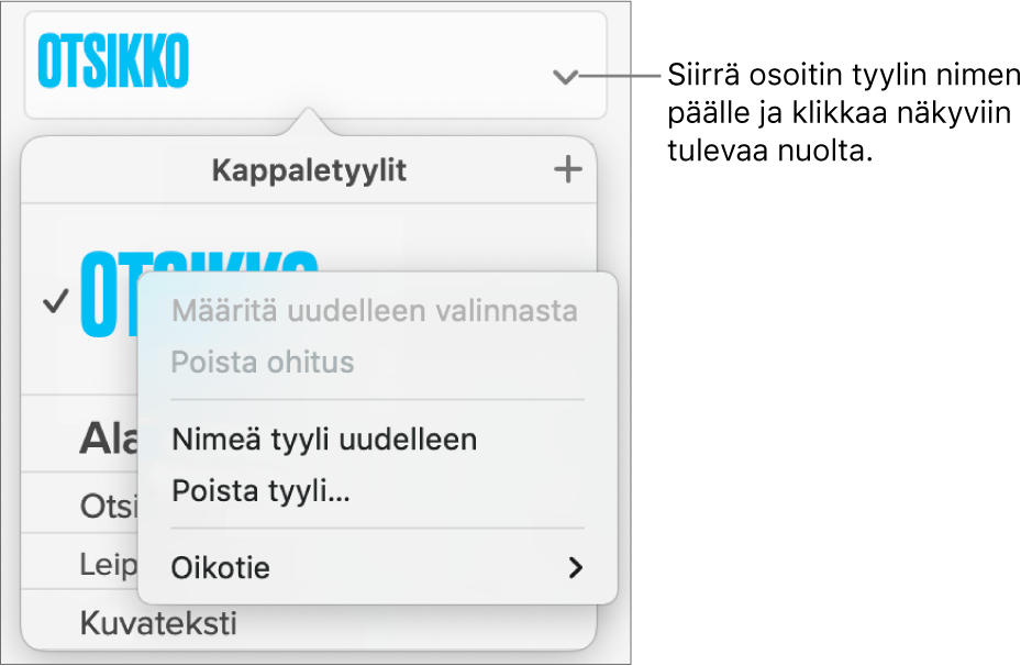 Kappaletyylit-valikko, jossa on oikotievalikko avoinna.