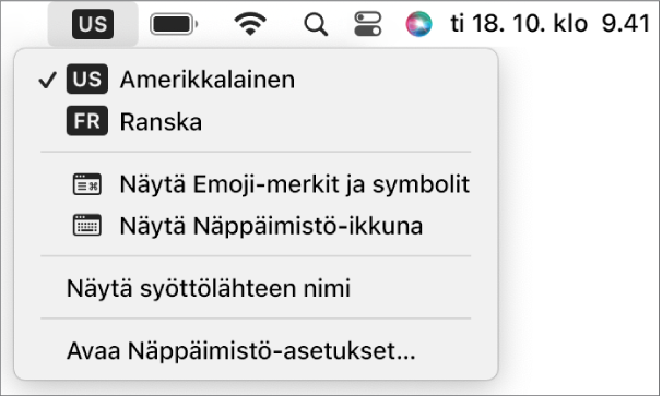 Valikkorivin oikeassa yläkulmassa oleva syöttövalikko.