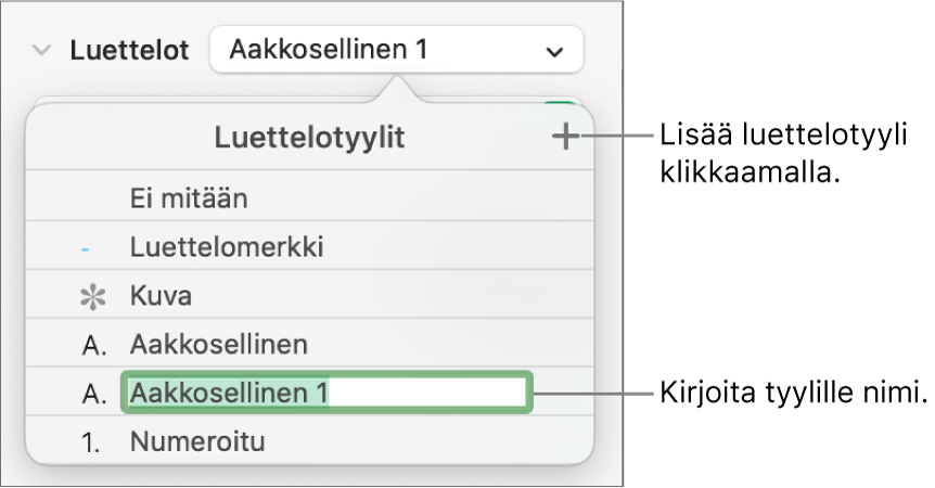 Luettelotyylit-ponnahdusvalikko, jossa oikeassa yläkulmassa on lisäyspainike ja paikanvaraajatyylin nimi, jonka teksti on valittuna.