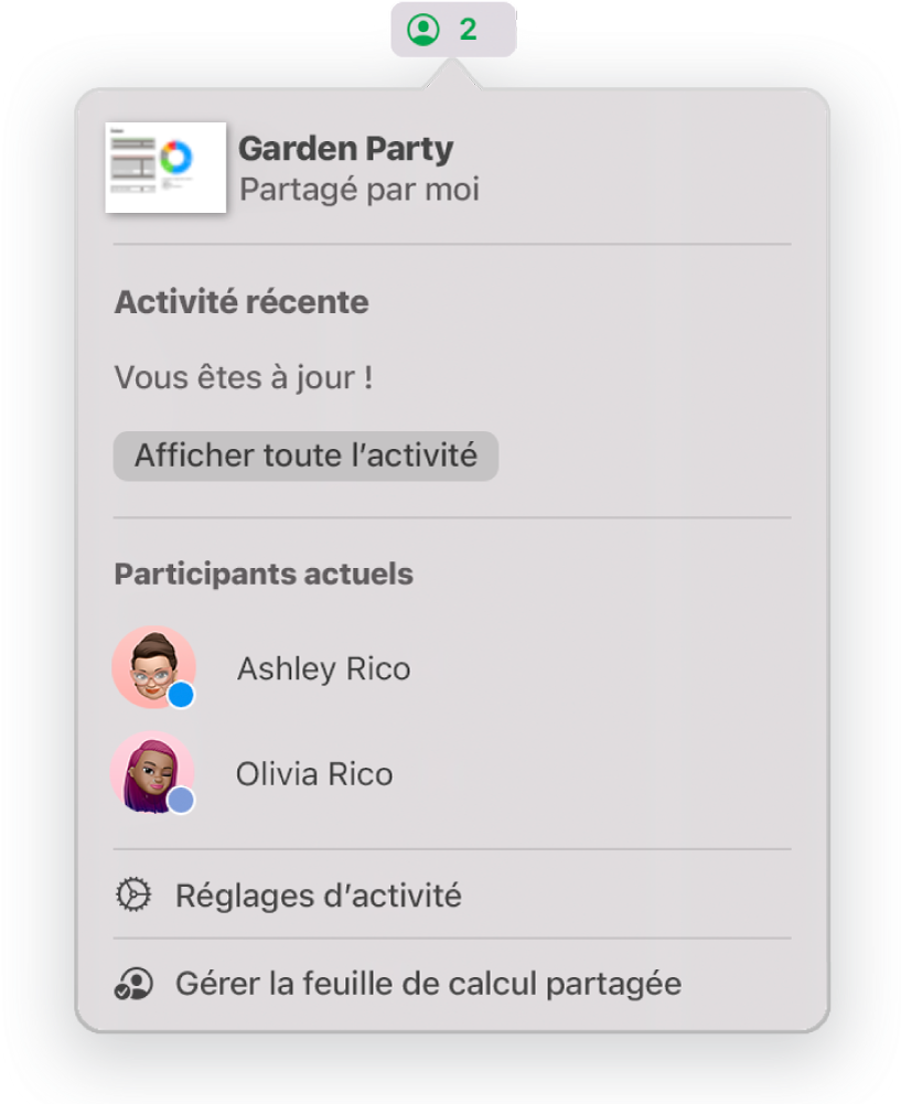 Le menu Collaboration affichant le nom des personnes qui collaborent sur la feuille de calcul. Les options de partage se trouvent sous les noms.