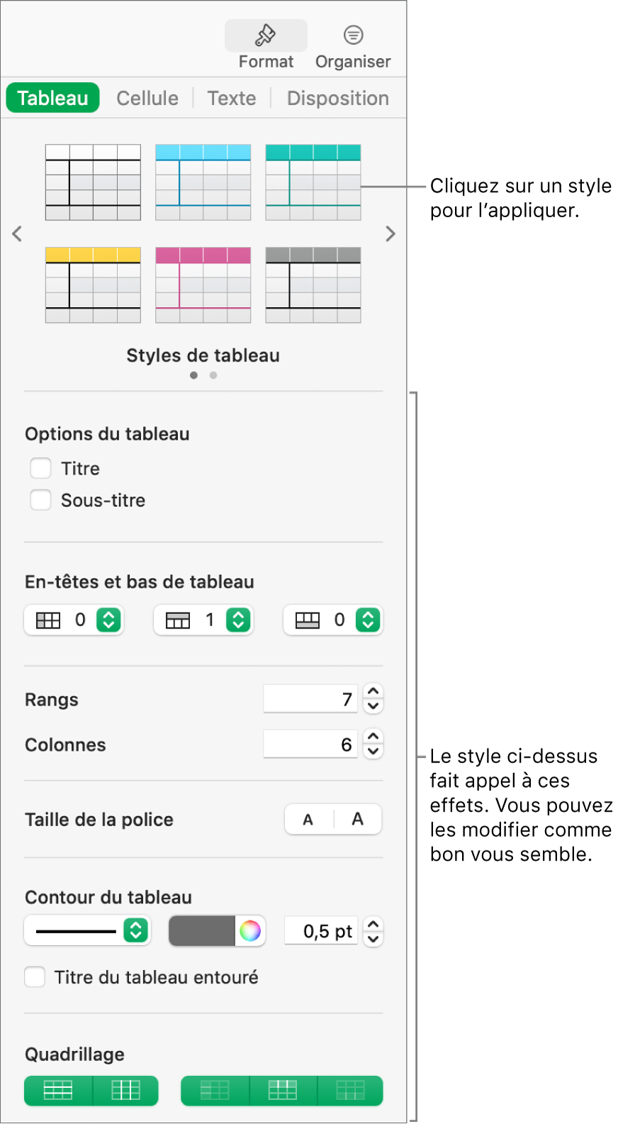 Barre latérale Format présentant des styles de tableau et des options de mise en forme.