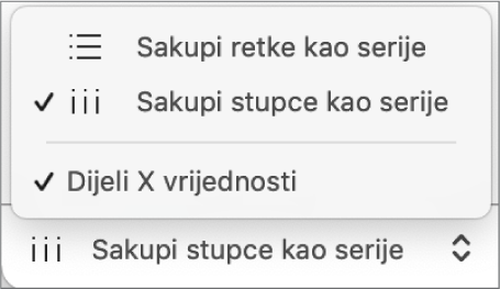 Skočni izbornik za odabir hoće li se redci ili stupci sakupljati kao serije.