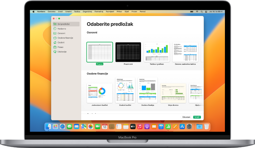 MacBook Pro s izbornikom predložaka aplikacije Numbers otvorenim na zaslonu. Kategorija Svi predlošci odabrana je s lijeve strane, a postojeći predlošci pojavljuju se s desne u recima po kategoriji.