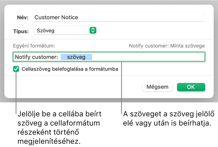 Egyéni szövegcella-formátum.