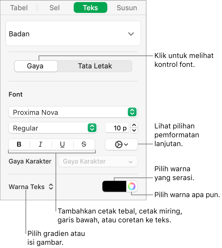 Kontrol untuk memberi gaya pada teks tabel.