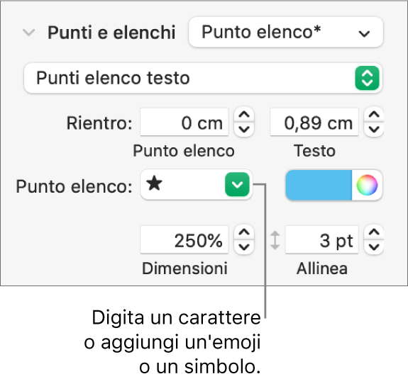 La sezione “Elenchi puntati” della barra laterale Formato. Nel campo “Punto elenco” viene visualizzata l'emoji di una stella.