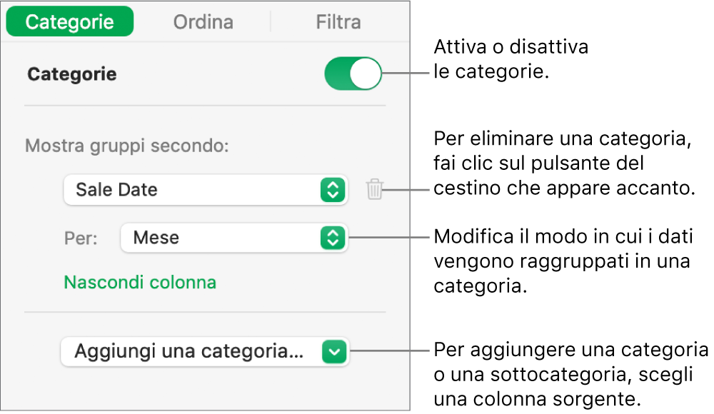 La barra laterale delle categorie con opzioni per disattivare le categorie, eliminare le categorie, raggruppare i dati, nascondere una colonna sorgente e aggiungere le categorie.