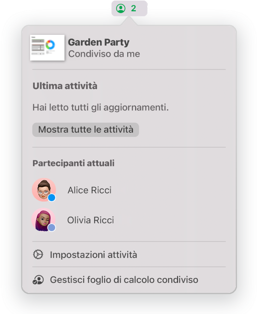 Menu Collaborazione che mostra i nomi delle persone che stanno collaborando al foglio di calcolo. Le opzioni di condivisione si trovano sotto i nomi.