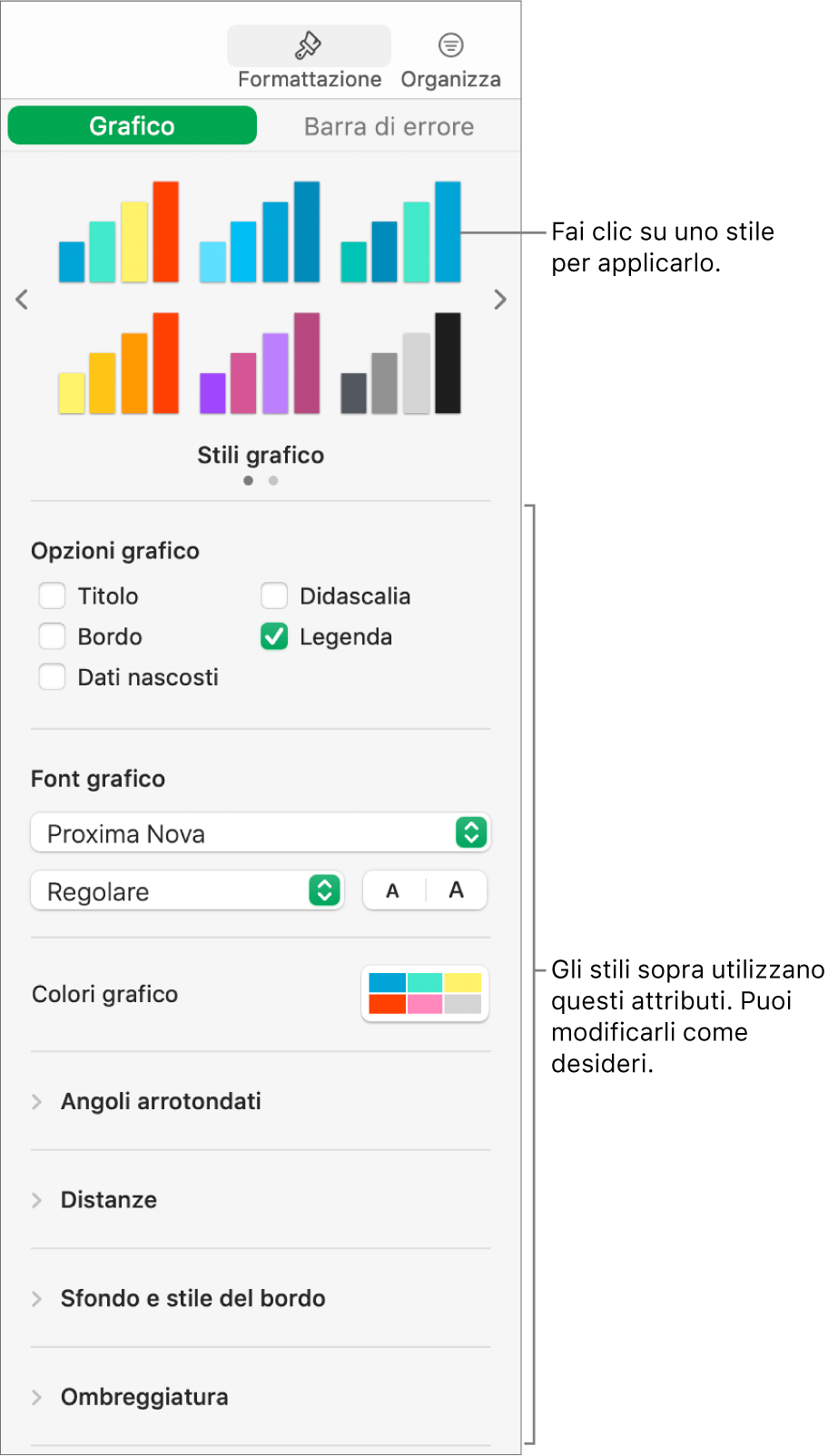 Barra laterale Formattazione con i controlli per formattare i grafici.