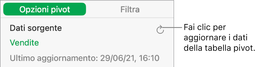Il pannello “Opzioni pivot” che mostra l'opzione per aggiornare la tabella pivot.