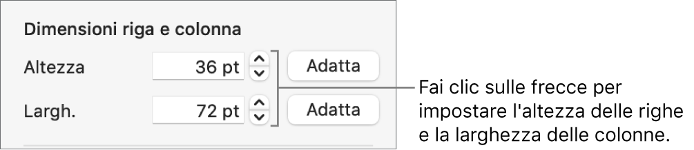 Controlli per impostare una dimensione di riga o colonna precisa.