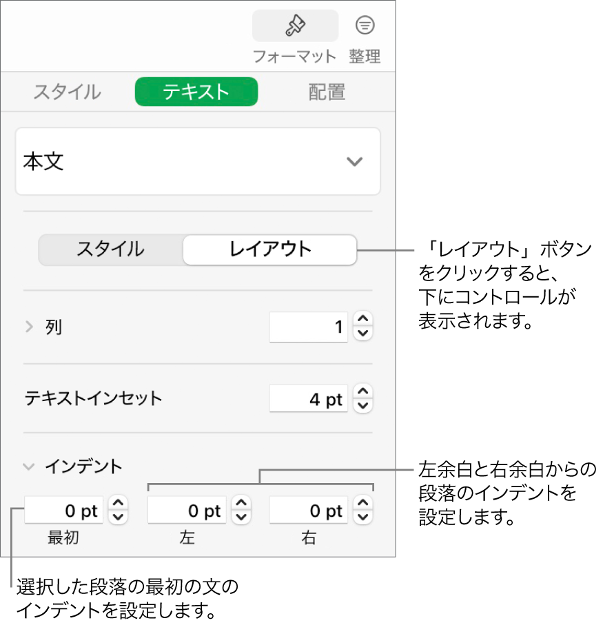 「フォーマット」サイドバーの「レイアウト」セクション。最初の行のインデントと段落余白を設定するためのコントロールが表示された状態。