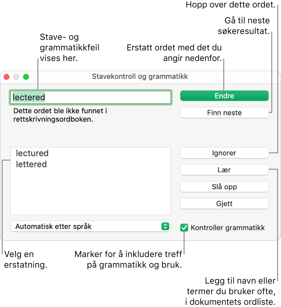 Stavekontroll og grammatikk-vinduet.