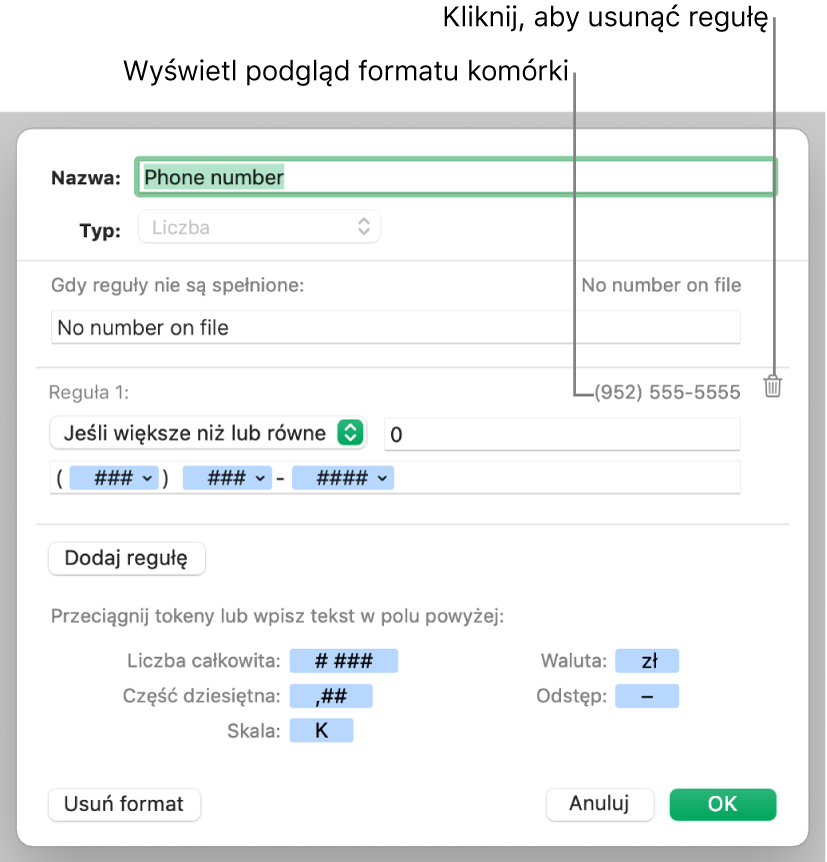 Format własny komórki z regułami.