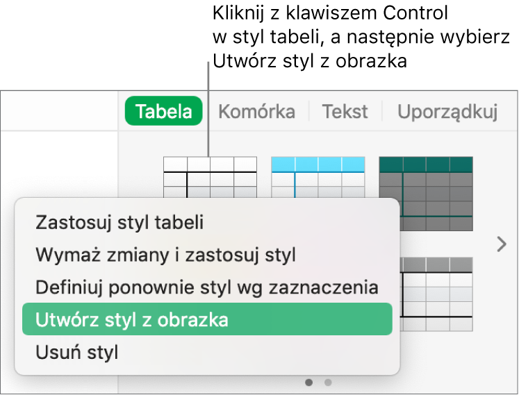 Menu podręczne stylu tabeli.