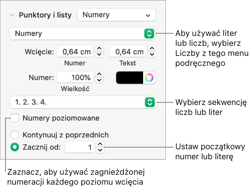 Narzędzia zmieniania stylu numeracji i odstępów listy.