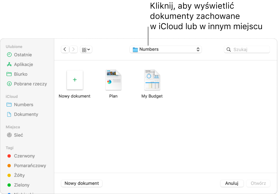 Okno dialogowe Otwórz z paskiem bocznym widocznym po lewej. W menu podręcznym znajdującym się na górze wybrana jest opcja iCloud Drive. W oknie dialogowym widoczne są foldery Keynote, Numbers i Pages, a także przycisk Nowy dokument.