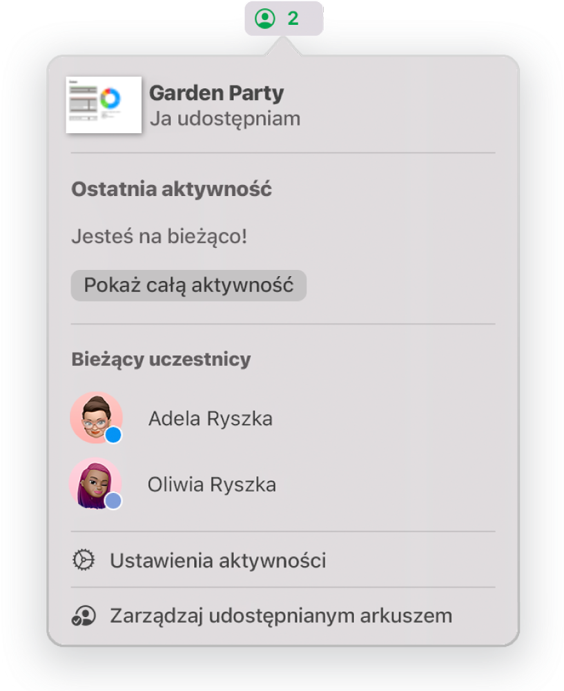 Menu współpracy zawierające nazwiska osób wspólnie pracujących nad arkuszem kalkulacyjnym. Poniżej widoczne są opcje udostępniania.