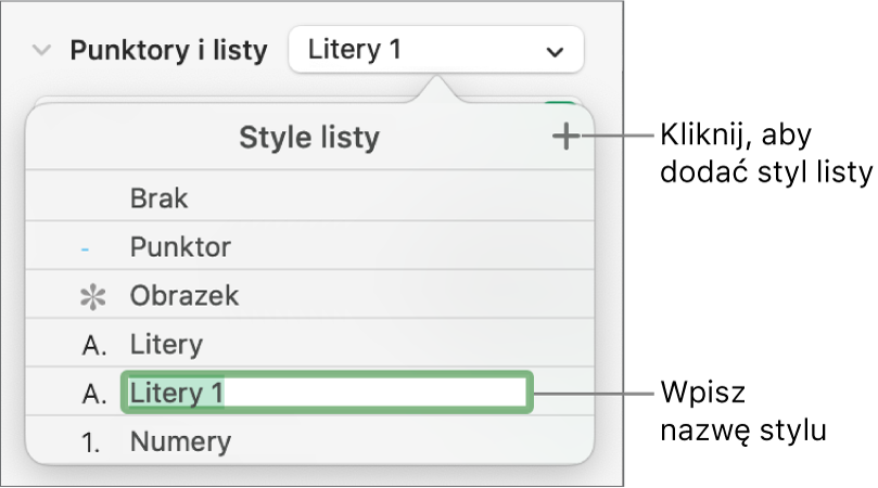 Menu podręczne Style listy z przyciskiem Dodaj w prawym górnym rogu oraz zaznaczoną zastępczą nazwą stylu.