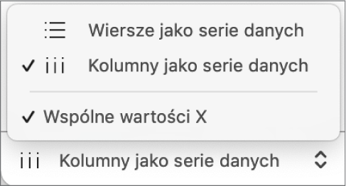 Menu podręczne pozwalające na wybór wykreślania wierszy lub kolumn jako serii danych.