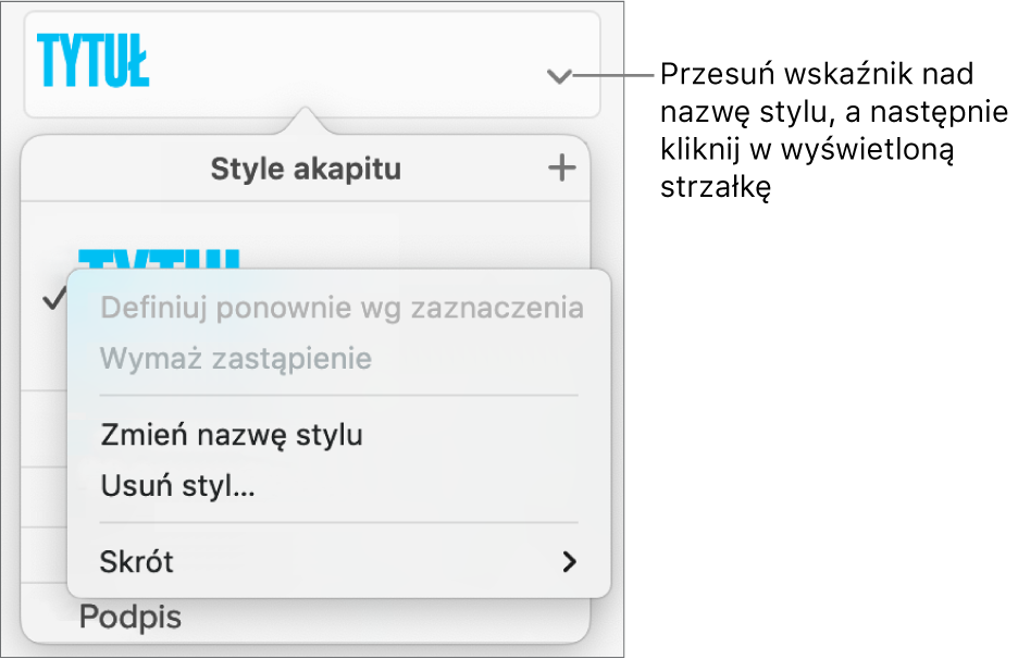 Menu Style akapitu z otworzonym menu skrótów.