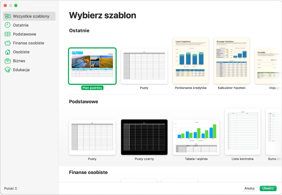 Paleta szablonów. Pasek boczny po lewej zawiera listę kategorii, w które możesz kliknąć, aby filtrować dostępne opcje. Po prawej stronie widoczne są miniaturki gotowych szablonów uporządkowane wierszami według kategorii, zaczynając od widocznej na górze kategorii Ostatnie, po której następuje kategoria Podstawowe oraz kategoria Finanse osobiste. Menu podręczne Język i region znajduje się w lewym dolnym rogu, natomiast przyciski Anuluj oraz Utwórz znajdują się w prawym dolnym rogu.