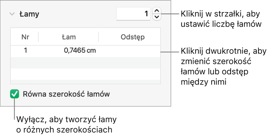 Narzędzia w sekcji łamów, służące do zmieniania liczby łamów oraz szerokości każdego łamu.