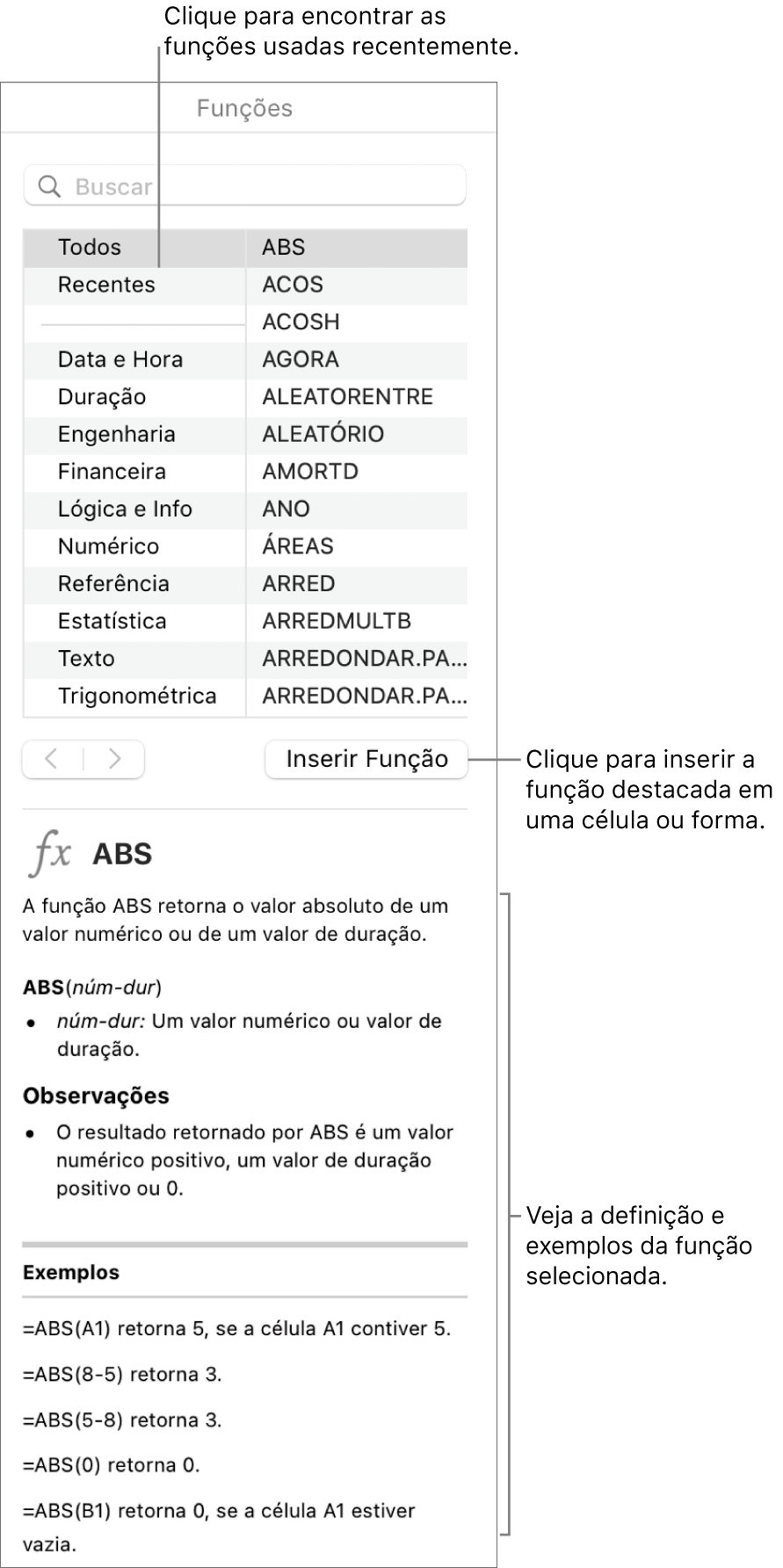 Navegador de Funções com chamadas para funções usadas recentemente, botão Inserir Funções e definição de função.