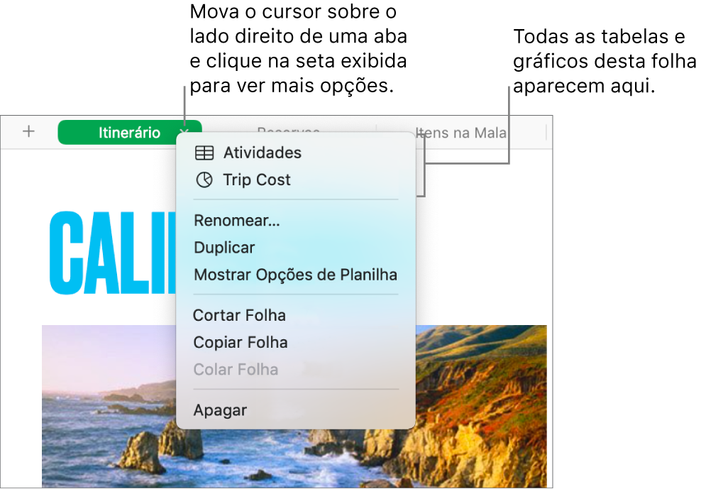 Uma aba de planilha com o menu de atalhos aberto mostrando opções, inclusive Duplicar.