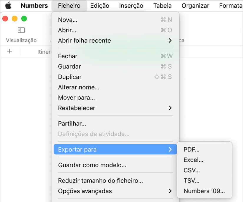 O menu Ficheiro aberto com a opção “Exportar para” selecionada e o respetivo submenu a mostrar opções de exportação para PDF, Excel, CSV e Numbers '09.