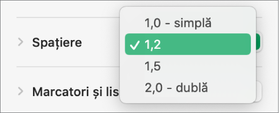 Meniul pop-up Spațiere cu opțiunile Simplă, Dublă și altele.