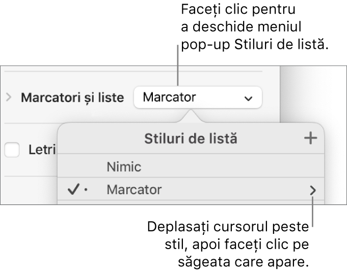 Meniul pop-up Stiluri de listă cu un stil selectat și o săgeată în extremitatea dreaptă.