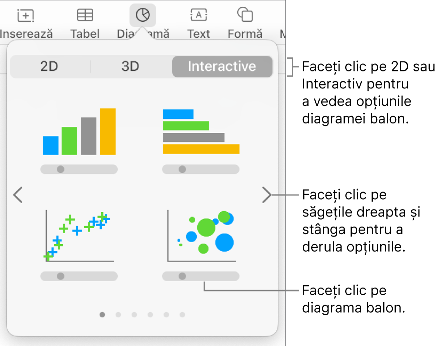 Meniul diagramei afișând diagrame interactive, inclusiv o opțiune de diagramă balon.