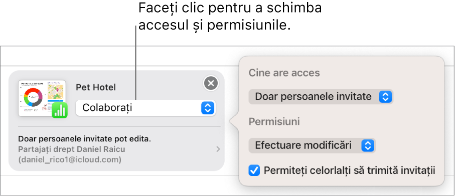O invitație la colaborare în Mesaje. Un meniu pop‑up confirmă accesul, permisiunea și privilegiile oferite de invitație.
