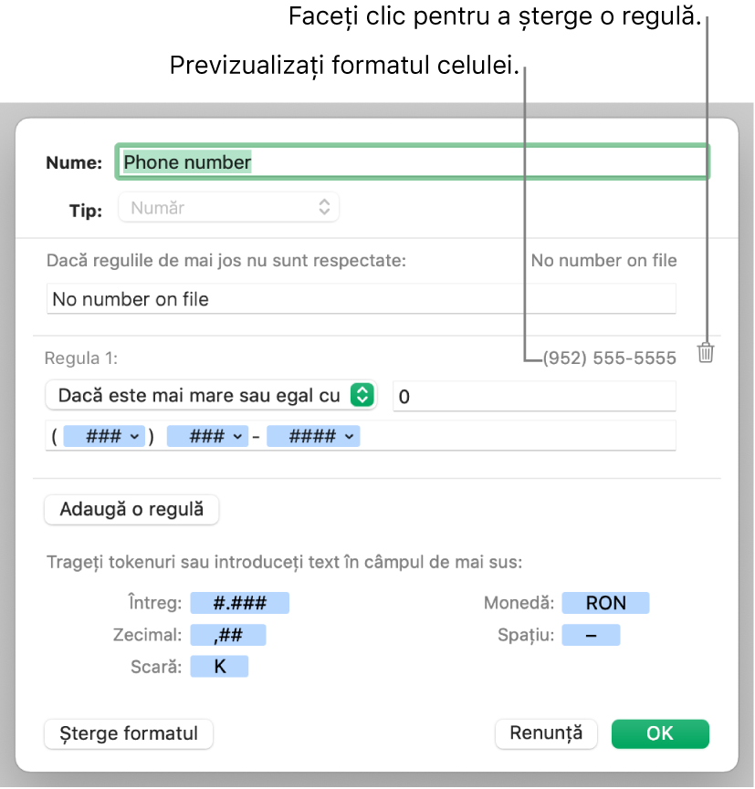 Format numeric personalizat de celulă cu reguli.