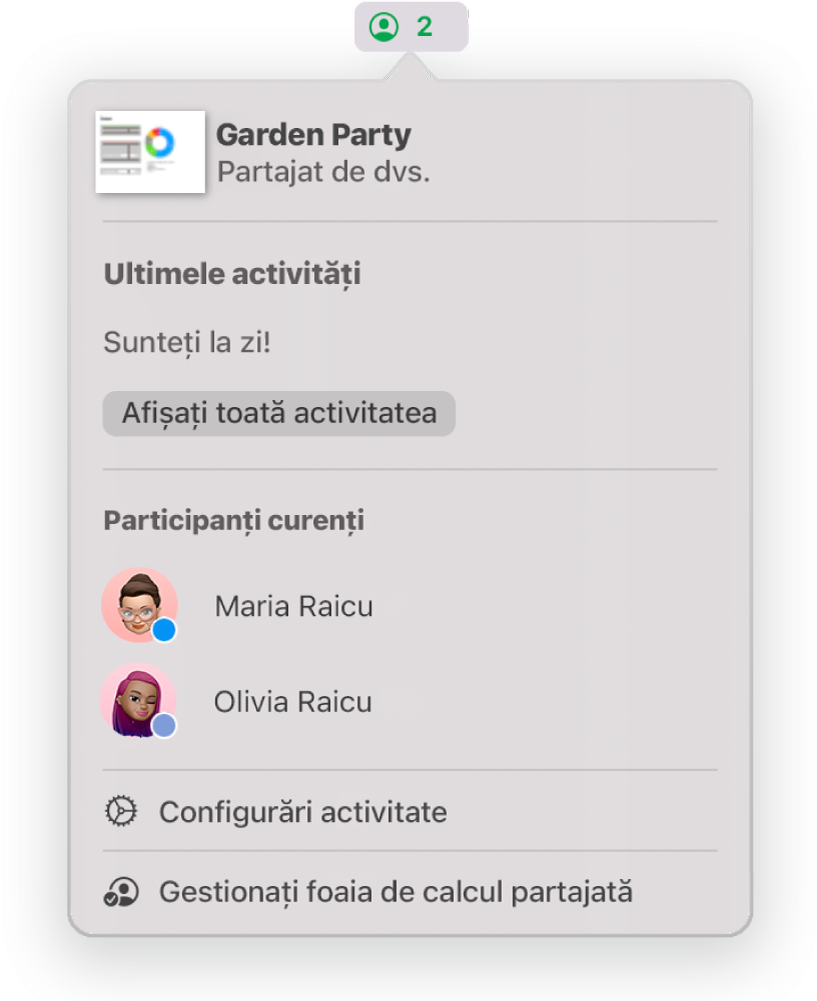 Meniul Colaborare afișând numele persoanelor care colaborează la foaia de calcul. Opțiunile de partajare se află sub nume.