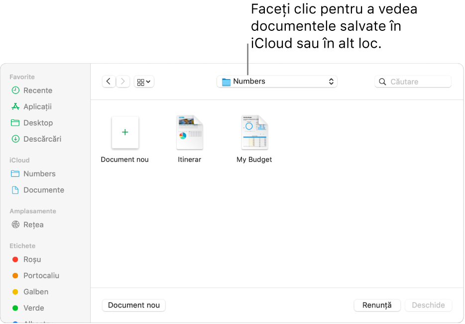 Dialogul Deschide cu bara laterală deschisă în stânga și iCloud Drive selectat în meniul pop-up din partea de sus. Dosarele pentru Keynote, Numbers și Pages apar în dialog împreună cu un buton Document nou.