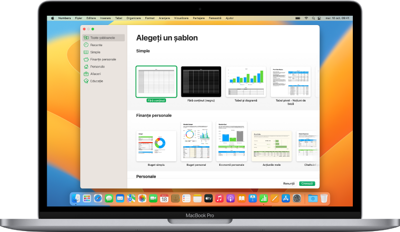 Un MacBook Pro cu selectorul de șabloane Numbers deschis pe ecran. Este selectată categoria Toate șabloanele în partea stângă și șabloanele predefinite apar în dreapta pe rânduri în funcție de categorie.