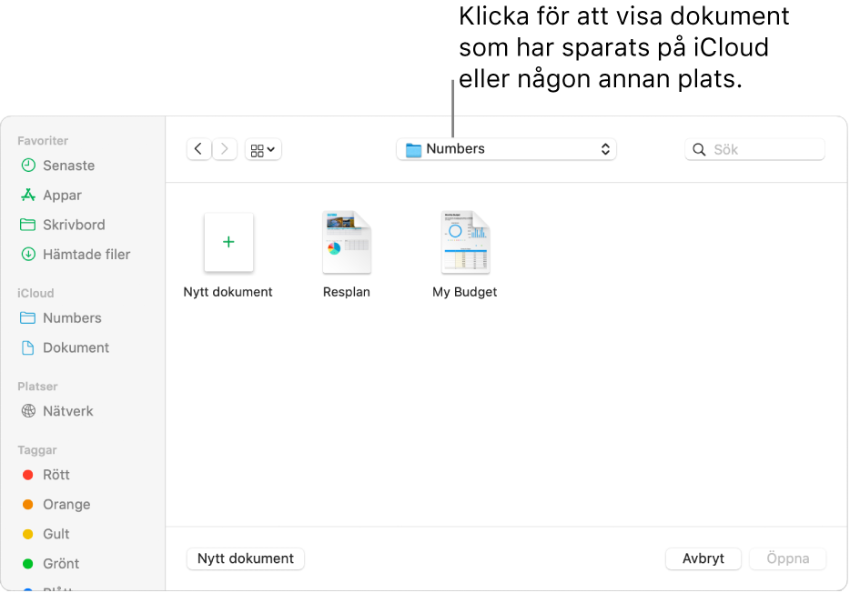 Dialogrutan med sidofältet öppet till vänster och iCloud Drive valt i popupmenyn upptill. Mappar för Keynote, Numbers och Pages visas i dialogrutan tillsammans med knappen Nytt dokument.
