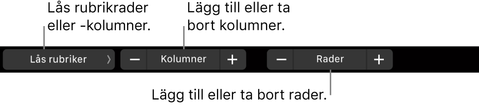 Touch Bar på MacBook Pro med reglage för att låsa rubrikrader och rubrikkolumner, lägg till eller ta bort kolumner och lägga till eller ta bort rader.