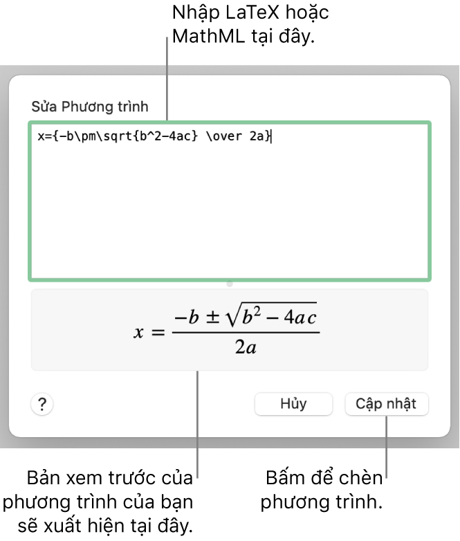 Hộp thoại Sửa phương trình, đang hiển thị công thức bậc hai được viết bằng LaTeX trong trường Sửa phương trình và bản xem trước của phương trình ở bên dưới.