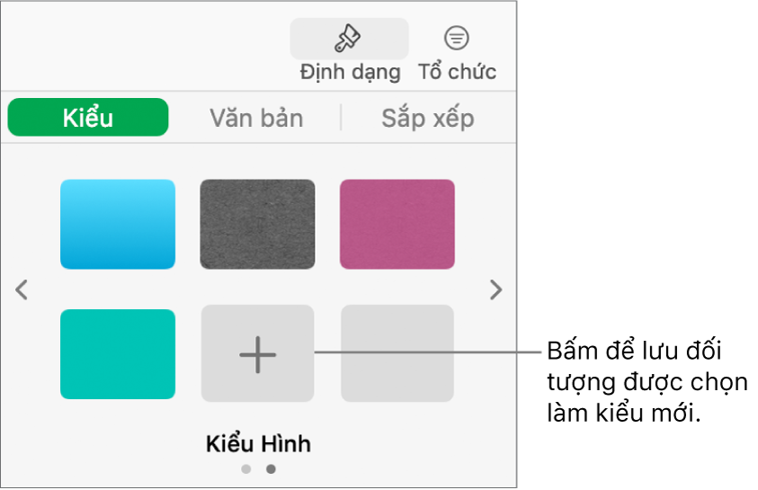 Tab Kiểu của thanh bên Định dạng với bốn kiểu hình ảnh, một nút Tạo kiểu và một trình giữ chỗ kiểu trống.