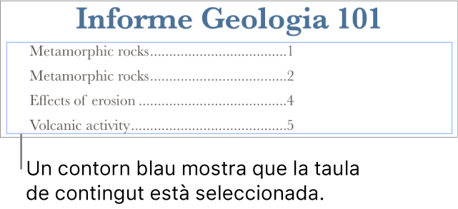 Una taula de contingut inserida en un document. Entrades que mostren les capçaleres amb els seus números de pàgina.