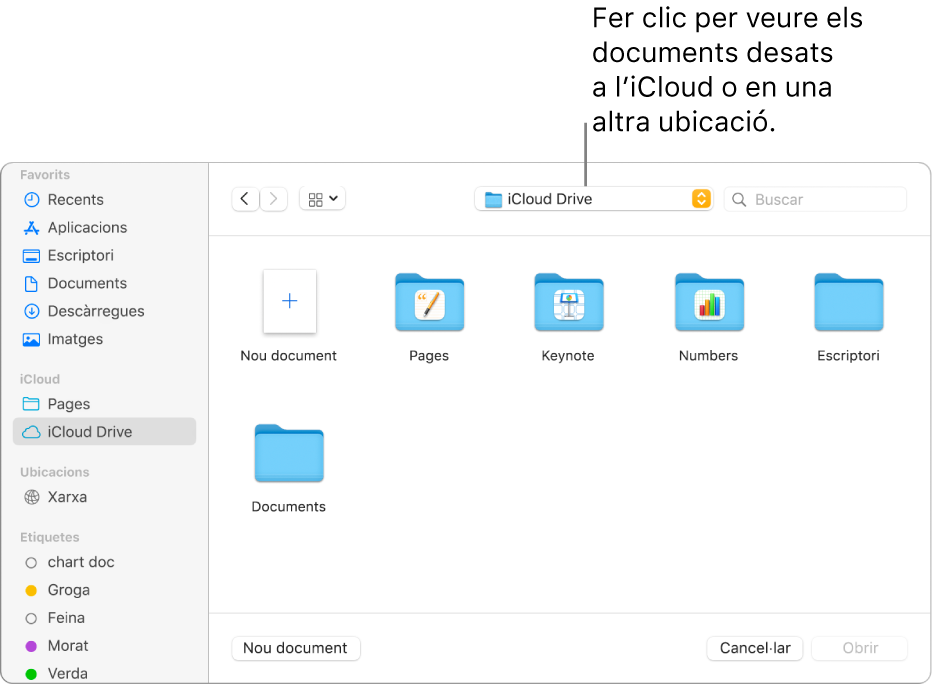 El quadre de diàleg Obrir, amb la barra lateral oberta a l’esquerra i l’iCloud Drive seleccionat al menú desplegable de la part superior. Les carpetes del Keynote, el Numbers i el Pages apareixen al quadre de diàleg juntament amb el botó “Nou document”.