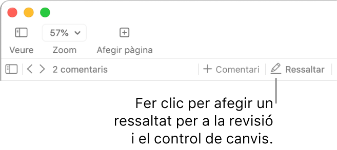 La barra de menús, que mostra el menú Inserir, i, a sota, la barra d’eines del Pages amb les eines de revisió visibles i una referència al botó Ressaltar.